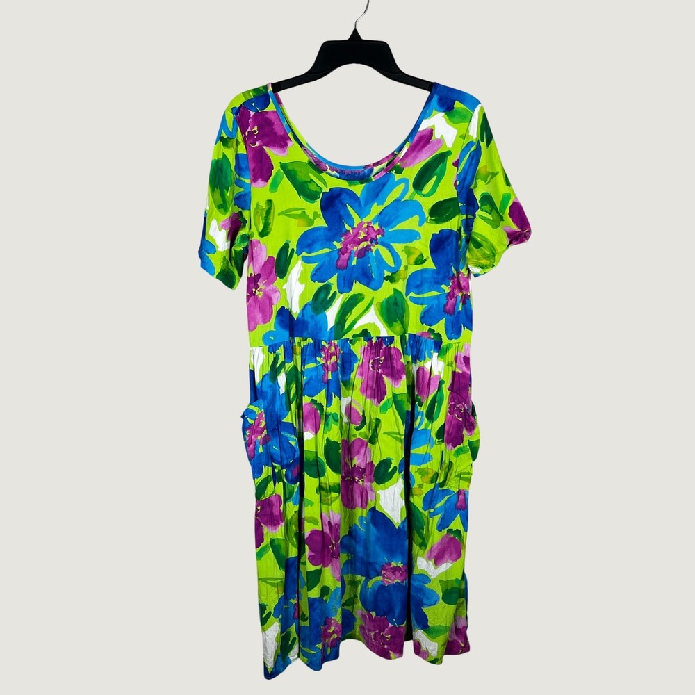 Hula Moon by Jams World Dress Womens Medium Green Floral Hawaiian Short Sleeve